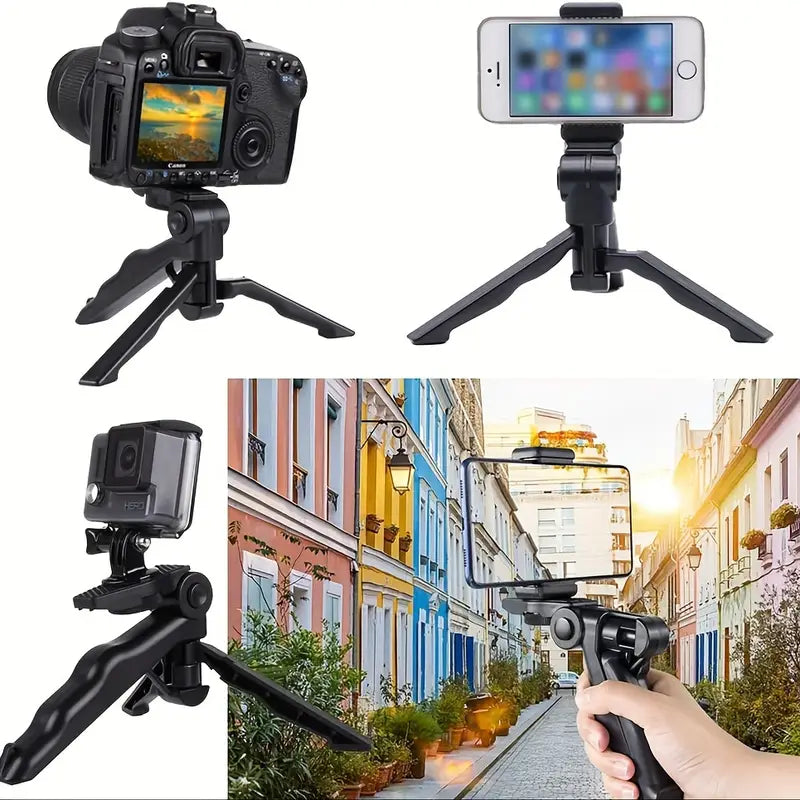 Collection of camera tripods and smartphone holders with various uses.